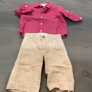3-6 mo. pink linen like new button up & beige pant